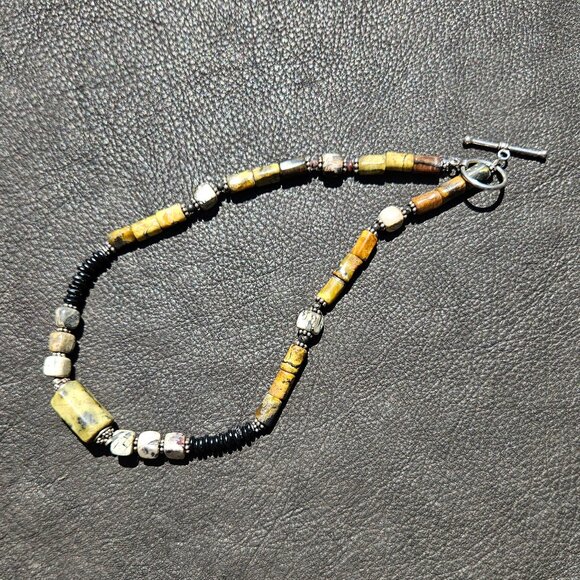 Yellow Turquoise, Sterling Silver and Sandalwood Necklace - Picture 5 of 5